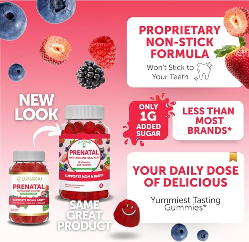 Vista 3 de Paquete de gomitas prenatales y de biotina Lunakai - Gomitas multivitamínicas para el embarazo con hierro y ácido fólico - Suplemento