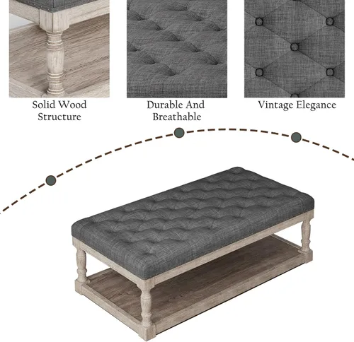 Vista 5 de Mesa de café estilo otomana, otomana grande rectangular con almacenamiento - Banco acolchado tapizado para sala de estar, tela de lino con botones