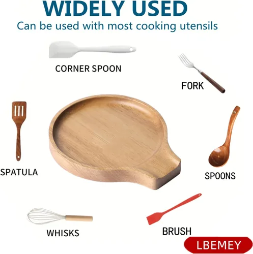 Vista 3 de LBEMEY Soporte para cucharas de madera de acacia para estufa, soporte redondo liso para cuchara de madera para encimera de cocina con pies de Marrón
