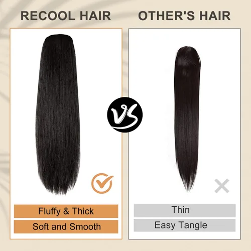 Vista 3 de RECOOL Extensión de cola de caballo de cabello humano negro natural envolvente con clip, extensiones de cabello humano Remy real, extensión de cola