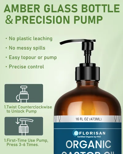 Vista 7 de Florisan Aceite de ricino orgánico certificado por USDA, botella de vidrio de 16 onzas, prensado en frío, sin hexano, sin OMG, vegano, 100% puro