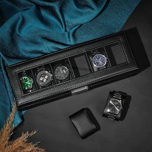 Vista 2 de BEWISHOME Caja de reloj para hombres Organizador de reloj con 6 ranuras, funda de reloj, diseño de fibra de carbono, parte superior de vidrio real