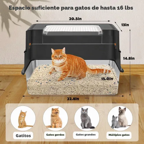 Vista 2 de Vivifying Caja de arena XL para gatos de acero inoxidable con tapa, entrada