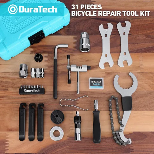 Vista 2 de DURATECH Kit de herramientas de bicicleta de 31 piezas, kit completo de reparación de bicicletas con caja de almacenamiento, herramientas