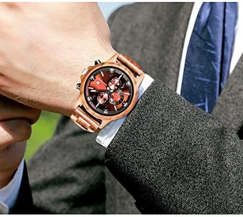 Vista 6 de Relojes de madera para hombre, relojes de pulsera casuales de cuarzo de madera para hombres, regalos