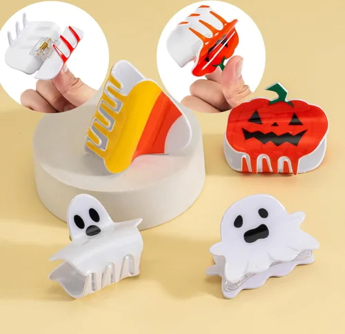 Vista 3 de Pinzas para el pelo de Halloween, calabaza, fantasma, caramelo, maíz, pinzas para el cabello para mujer, clip de cola de caballo festivo, clip