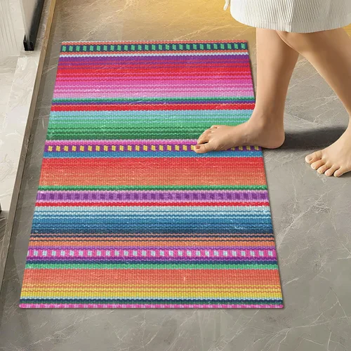 Vista 2 de YETTASBIN Juego de 2 alfombras de baño con diseño de rayas mexicanas, antideslizantes, de secado rápido, alfombra de ducha de felpa extrasuave