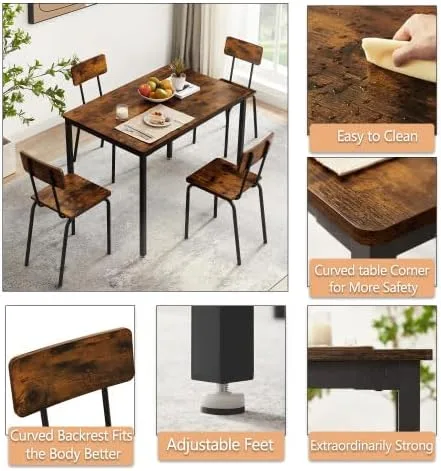 Vista 3 de anwickjeff Juego de mesa de comedor para 4 mesas de bar y sillas, juego de 5 piezas de mesa de cocina rectangular de madera de metal industrial y 4
