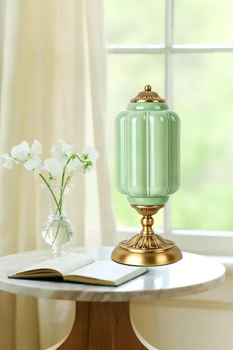 Vista 5 de Lámpara de mesa vintage de vidrio de leche, lámparas modernas de mediados de siglo regulables, elegante lámpara de noche Art Deco festoneada