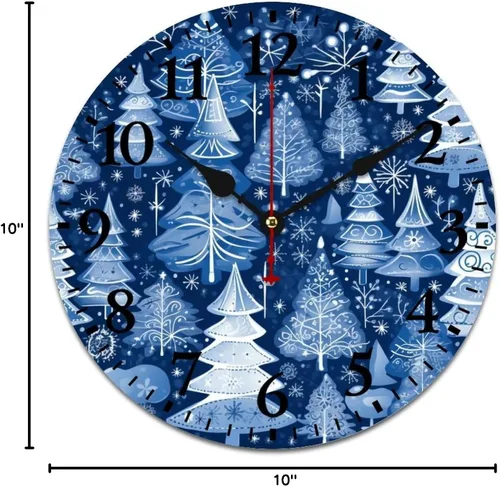 Vista 9 de Reloj de madera con árboles de Navidad y copos de nieve, reloj de pared redondo azul para interiores, funciona con pilas, silencioso, sin ruido