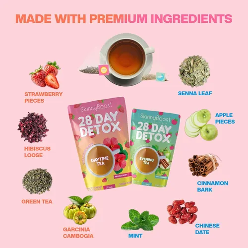 Vista 4 de SkinnyBoost - Kit de té desintoxicante de 2 paquetes – 1 de día HIBISCO (28 bolsas) + 1 de noche MANZANA CANELA (14 bolsas) – Desintoxicación herbal