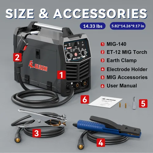 Vista 8 de GZ GUOZHI Soldador MIG 140A, 3 en 1 Soldador FLUX MIG/ARC/Lift TIG Soldador Mig Multiproceso, Soldador sin gas con inversor IGBT de 110V, soldadora