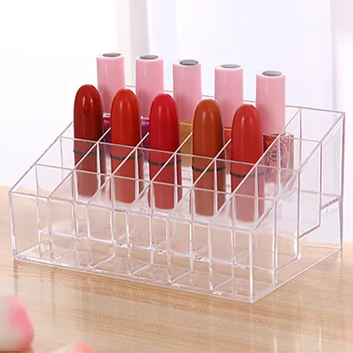 Vista 5 de Soporte para lápiz labial de 24 espacios, organizador de lápiz labial acrílico transparente y estante de exhibición para cosméticos, organizador