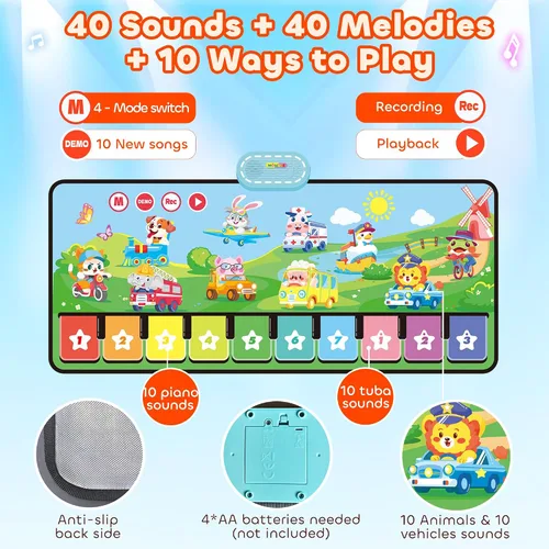 Vista 4 de MOMUSE Tapete Musical de Piano con 80 Sonidos, Manta de Juego Táctil Grande de Animales y Autos, Alfombra Musical para Niños Pequeños de 1-3, Tapete