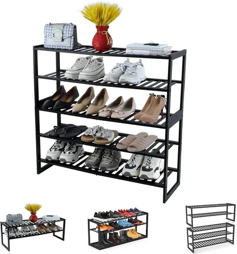 Vista 10 de Jripae Zapatero de bambú para entrada, estante organizador de zapatos apilable de 3 niveles, almacenamiento para 9-12 pares de zapatos, soporte