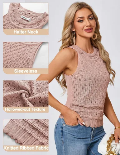 Vista 2 de JASAMBAC Suéter sin mangas para mujer, cuello redondo, ahuecado, elástico, recortado, suéter de punto
