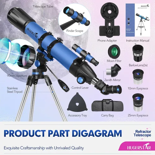 Vista 6 de Telescopio, Telescopio para Adultos de Alta Potencia, Telescopio Refractor Profesional de 90mm de Apertura y 800mm para Adultos Principiantes