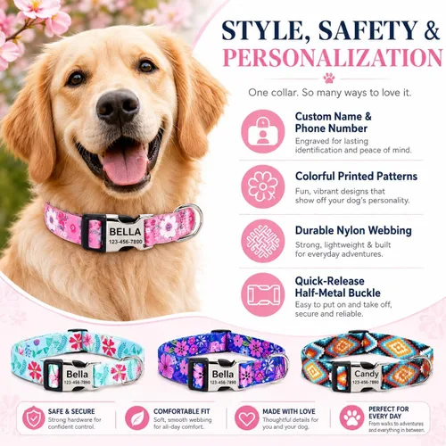 Vista 4 de Collares de perro personalizados con placa de identificación grabada con número de teléfono, collares ajustables coloridos para perros macho