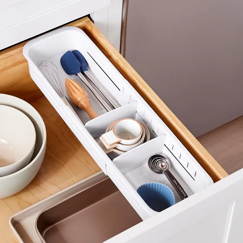 Vista 9 de YouCopia DrawerFit - Cajonera deslizante, organizador de almacenamiento de cocina expandible y ajustable, color blanco moteado