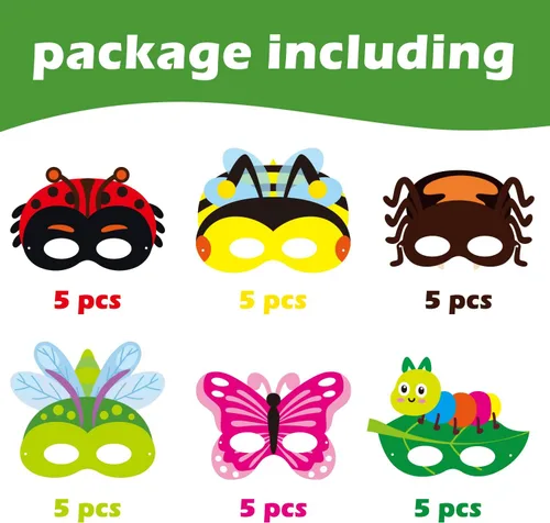 Vista 8 de CY2SIDE 30 máscaras de papel y elásticas de insectos de primavera para niños, temática de insectos de primavera, accesorios de fiesta, suministros