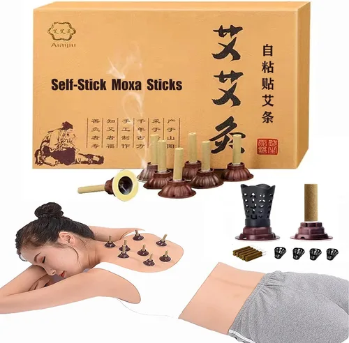 Vista 2 de Aiaijiu - Juego de palos de moxa autoadhesivos, kit de moxibustión de medicina tradicional china con soportes de base, tapas protectoras, ideal