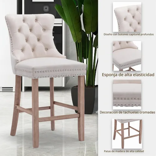 Vista 6 de SoarFlash Juego de 2 taburetes de bar tapizados de terciopelo moderno con patas de madera, botones acolchados, cabeza de clavo cromada, asiento