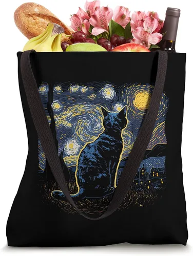 Vista 4 de Bolsa de mano divertida con diseño de gato inspirado en la noche estrellada
