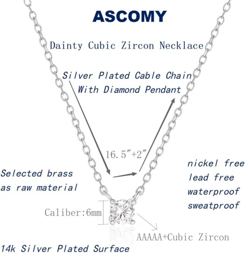 Vista 5 de ASCOMY Delicado collar con colgante solitario de diamante de circonita cúbica para mujer, chapado en oro de 14 quilates, redondo y cuadrado