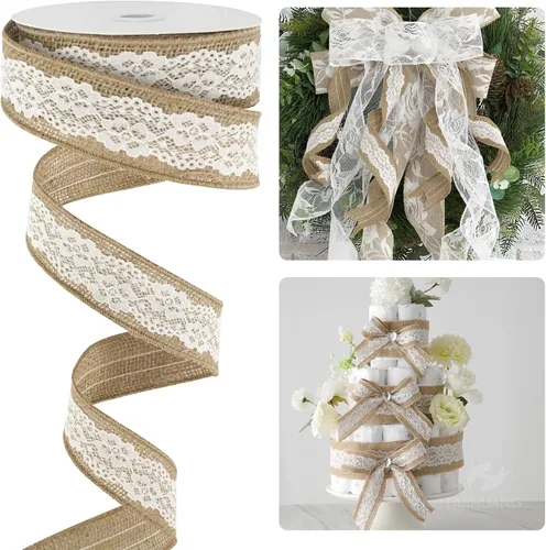 Vista 12 de HUIHUANG Cinta de encaje con alambre para árbol de Navidad, 2.5 pulgadas x 25 yardas, cinta de alambre con purpurina dorada para árbol de Navidad