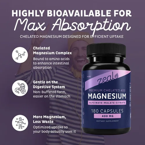 Vista 6 de Zeal Naturals Suplemento triple complejo de magnesio - glicinato, malato, citrato 400 mg, 180 cápsulas Magnesio quelado de alta absorción