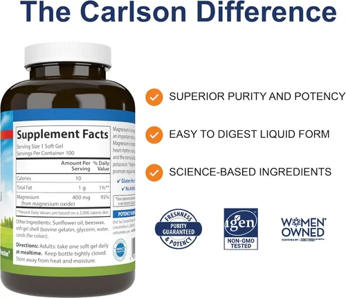 Vista 2 de Carlson - Geles de magnesio, 400 mg de magnesio por cápsula blanda, soporte cardíaco y muscular, cápsulas de gel de magnesio, función intestinal