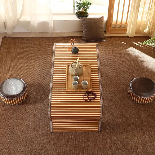 Vista 3 de HM&DX Mesa de centro de madera, mesa de piso japonesa, mesa de té de tatami, mesa de centro tejida de ratán, mesa de altar baja para meditación