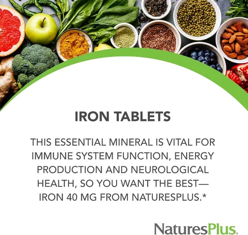 Vista 3 de NaturesPlus Hierro - 40 mg, 90 Tabletas - Vegetariano, Sin Gluten - 45 Porciones