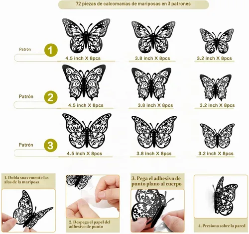Vista 2 de 72 decoraciones de mariposa negra, 3 tamaños, 3 estilos, decoración de pared 3D para fiestas, cumpleaños y manualidades Butterfly Party