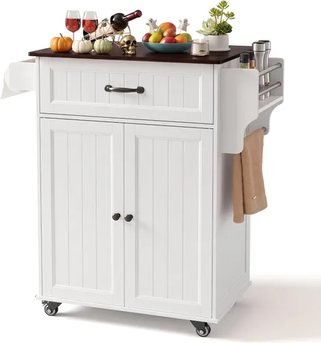 Vista 10 de Gizoon Carrito de isla de cocina de 33" W con estante ajustable, negro Color negro y mesa de roble