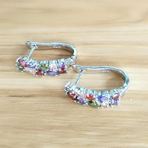 Vista 5 de Pendientes de aro para mujer, de lujo, esmeralda sintética, multicolor, circonita cúbica, para mujeres, adolescentes, niñas, cumpleaños, Navidad