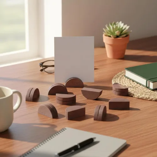 Vista 7 de 10 tarjeteros de madera para colocar tarjetas, diseño semicircular, números de mesa de madera ligeros para tarjetas delgadas de fiesta de boda