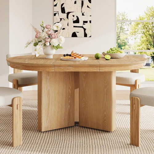 Vista 3 de Mesa de comedor extensible ovalada de madera con base de pedestal Marrón