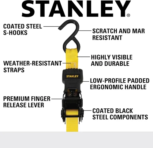 Vista 2 de STANLEY S10002-12 Correas de trinquete negras/amarillas de 1" X 12' - Carga de trabajo segura de 500 LBS / Fuerza de rotura de 1,500 LBS, paquete