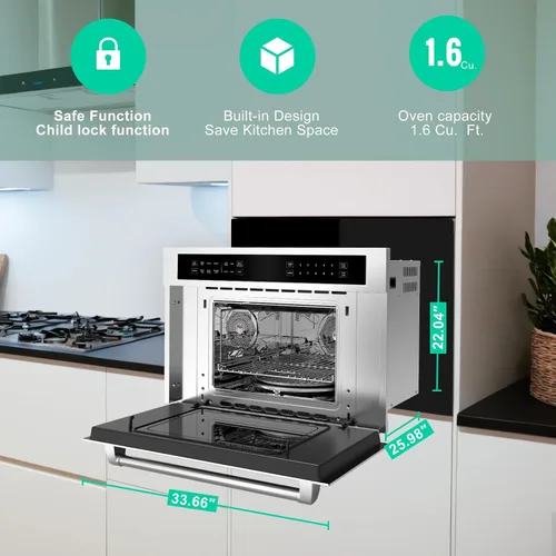 Vista 2 de Horno de convección integrado de 30 pulgadas y combinación de microondas, horno de convección de microondas de 1.6 pies cúbicos con bloqueo