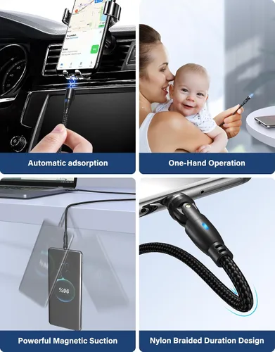 Vista 8 de Cable de carga magnético de rotación 540 de 100 W, 3.3 pies/6 pies, paquete de 2 unidades, cable USB C a USB C, cable de carga magnética, cable