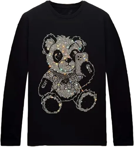Vista 14 de HZCX FASHION Camisetas gráficas de manga larga para hombre y mujer, camisetas divertidas con diamantes de imitación