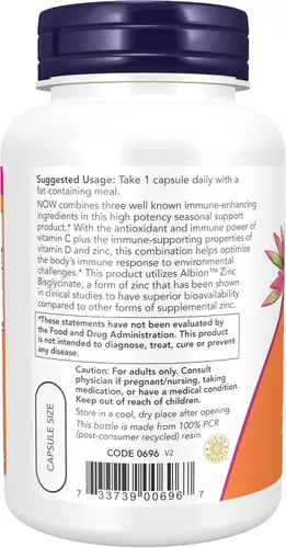 Vista 3 de Now Supplements, C-1000 Zinc & D-3, apoyo inmunológico estacional*, 100 cápsulas vegetales