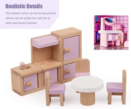 Vista 6 de 22 piezas de muebles de casa de muñecas de madera, accesorios de muebles de madera a escala 1:12, muebles de muñeca para muñeca, sala de estar