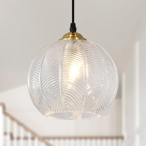 Vista 9 de Lámpara Colgante de Cristal Verde, Iluminación Colgante de Globo Grande Individual de 9.8 Pulgadas Nórdica Acanalada para Techo Colgante, Lámpara