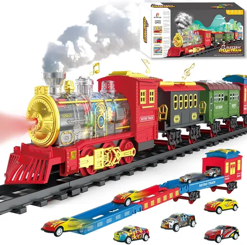 Vista 11 de Juego de tren eléctrico con control remoto de Navidad, locomotora de vapor, vagón de carga y pistas, juguetes de tren recargables para niños con 3