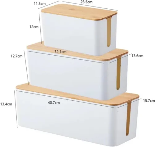 Vista 5 de Caja de almacenamiento de alambre de madera, 3 unidades, cable de datos, organizador de cables de alimentación, computadora para cables de TV