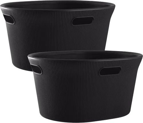 Vista 24 de Superio Colección acanalada - Cesto decorativo de plástico para ropa sucia con tapa y asas recortadas, azul (1 paquete) Organizador de cesta