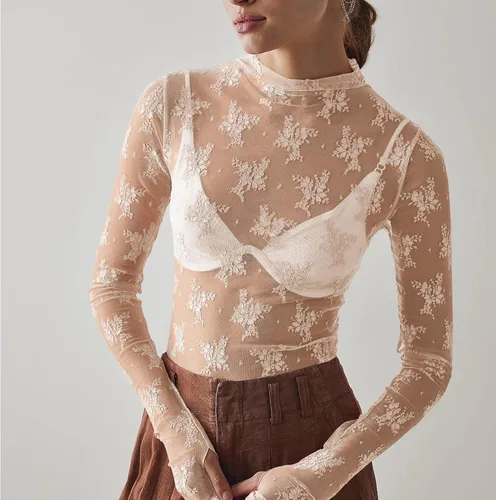 Vista 3 de Camiseta corta de manga larga con encaje y cuello alto para mujer, ajustada, ajustada