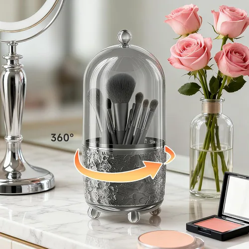 Vista 5 de Soporte para brochas de maquillaje con tapa, organizador de herramientas cosméticas con tapa, apertura deslizante giratoria de 360°, contenedor